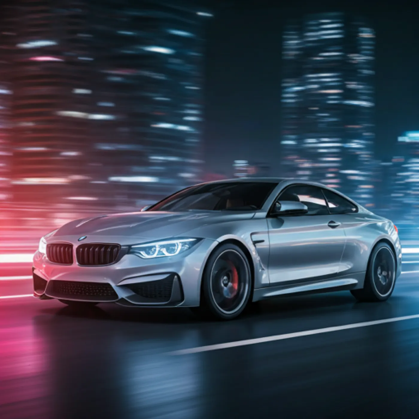 未来城市中行驶的银色汽车商业广告画面